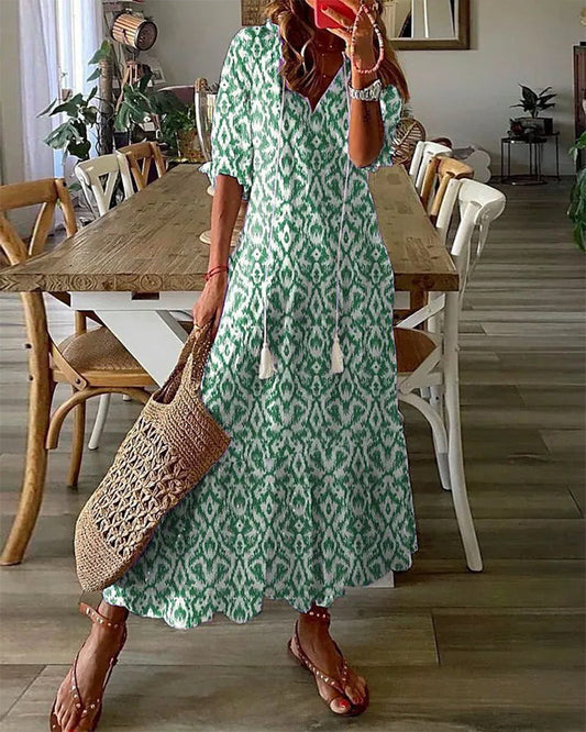 Women's V Neck Boho Maxi Dress in Green