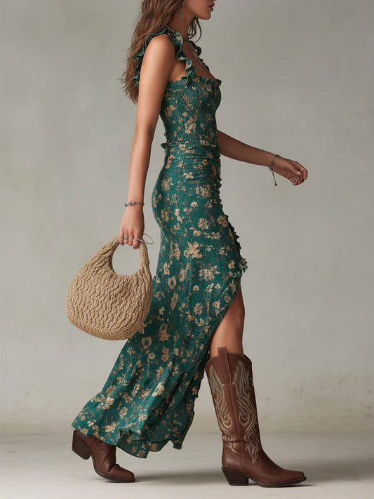 Women's Green Floral Side Split Maxi Dress