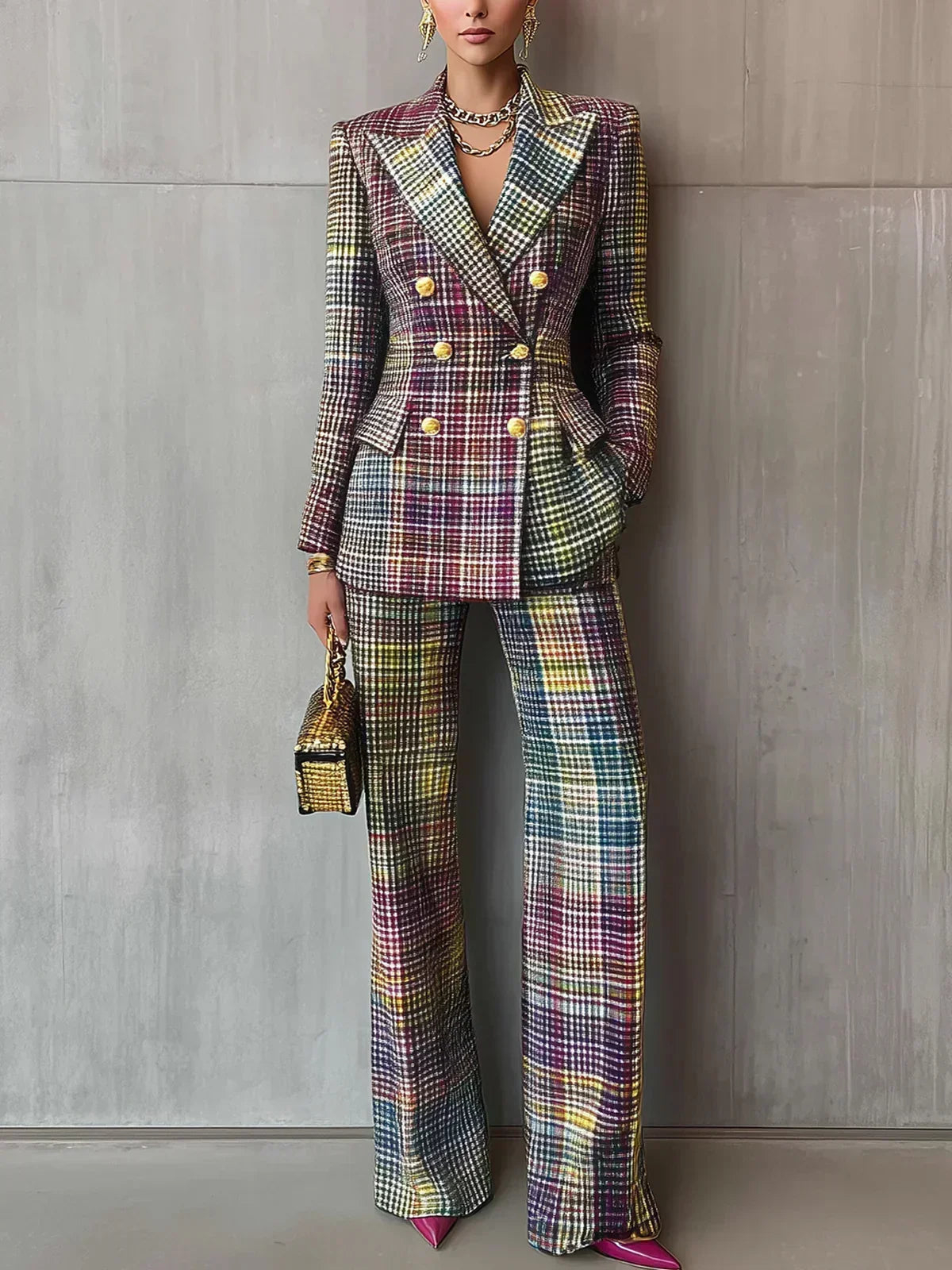 Women's Checked Double Breasted Blazer and Flared Trouser Set