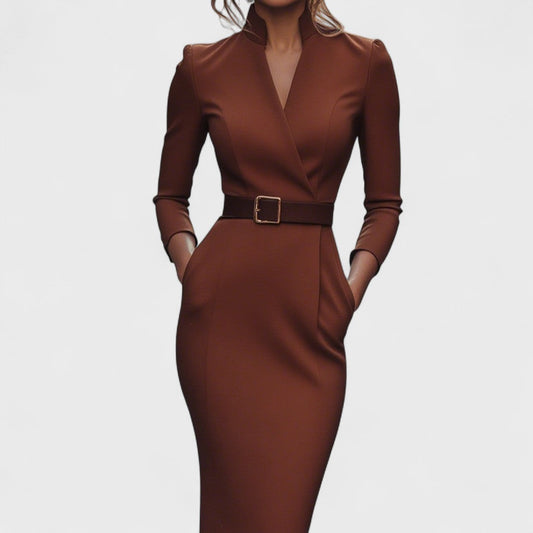 Women's Belted V Neck Long Sleeve Midi Dress with Pockets view 2