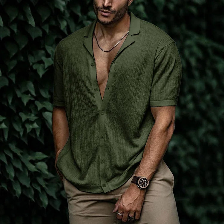 Men's Blue Short Sleeve Casual Shirt in Green