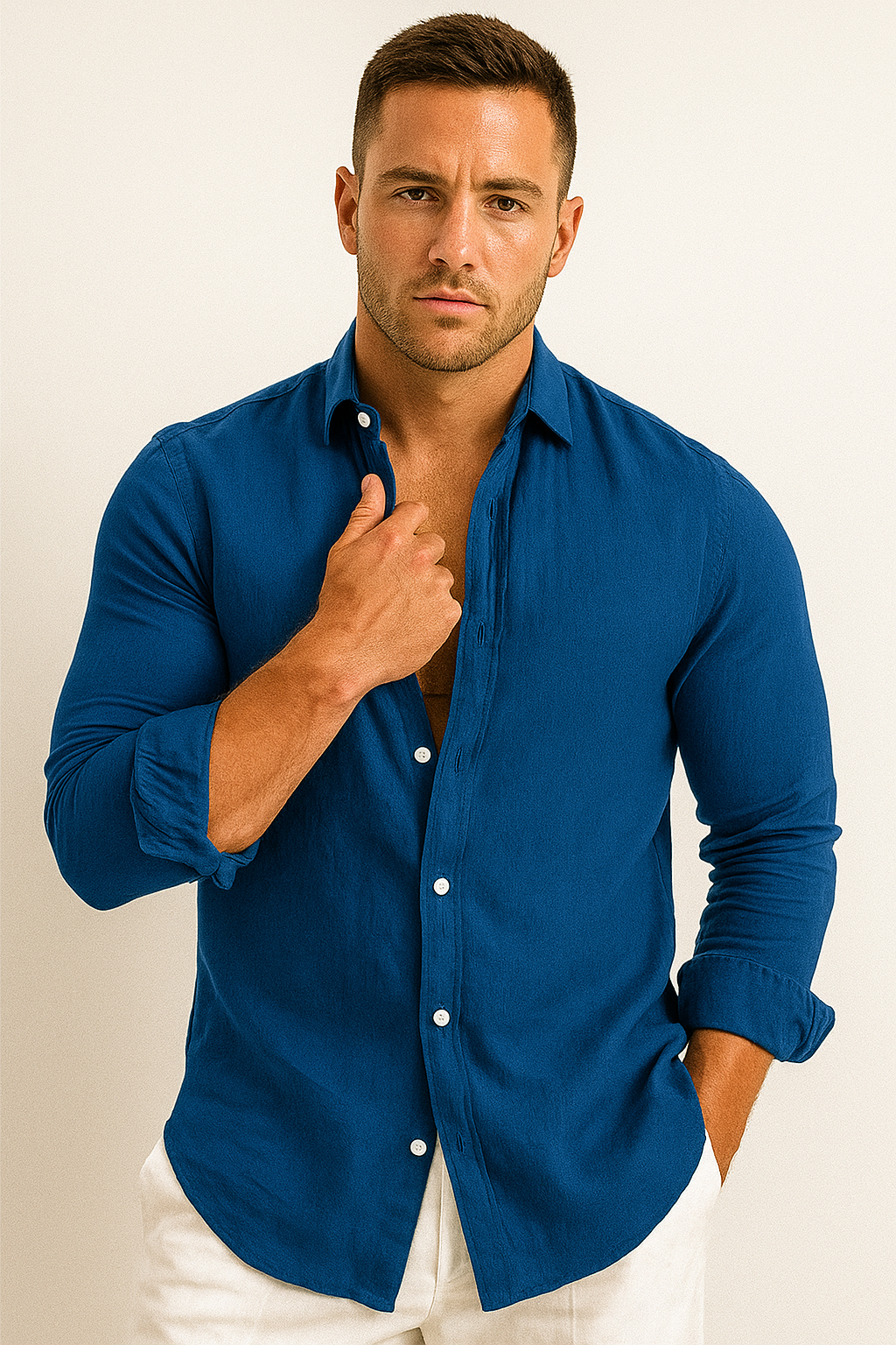 Men's Relaxed Fit Collared Long Sleeve Button Front Shirt in Dark Blue
