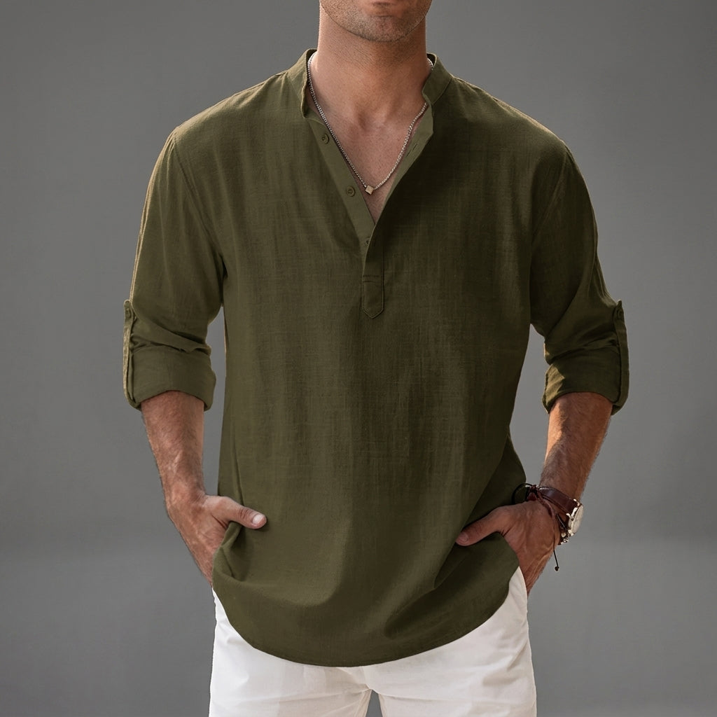 Men's Relaxed Fit Button Front Draped Shirt in Olive Green