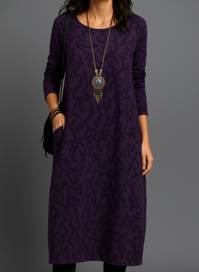 Women's Printed Long Sleeve Shift Maxi Dress in Purple