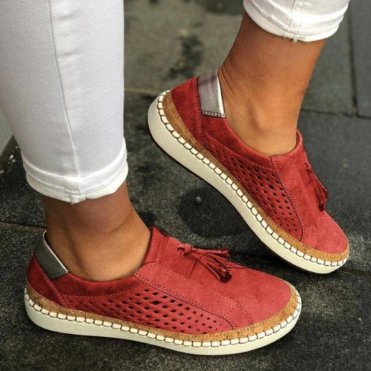 Women's Perforated Slip On Flat Shoes in Red