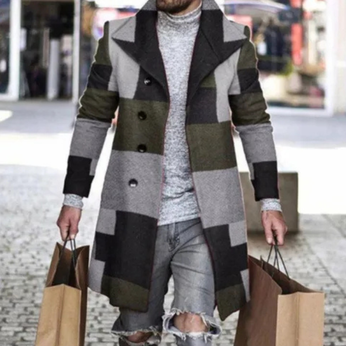 Men's Blue Checked Winter Coat