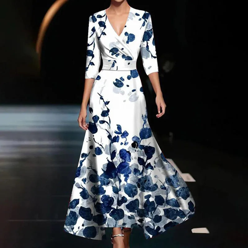 Women's Floral Print V Neck Flared Maxi Dress