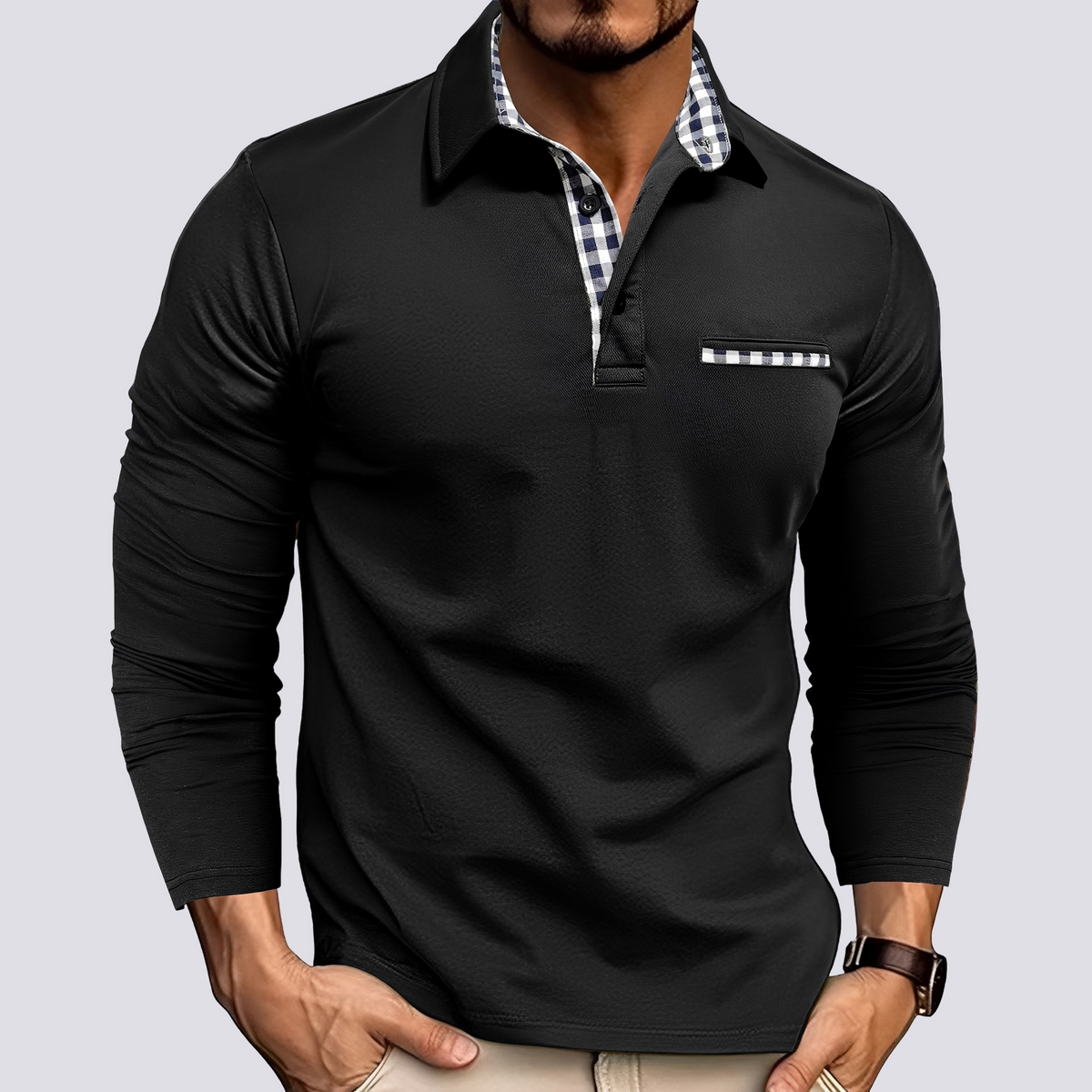 Men's Beige Long Sleeve Casual Polo Shirt in Black