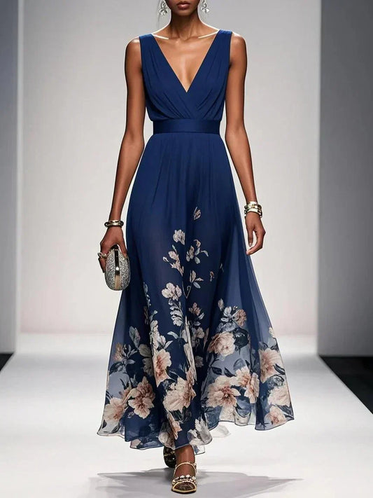 Women's Floral Pleated Maxi Dress in Navy Blue