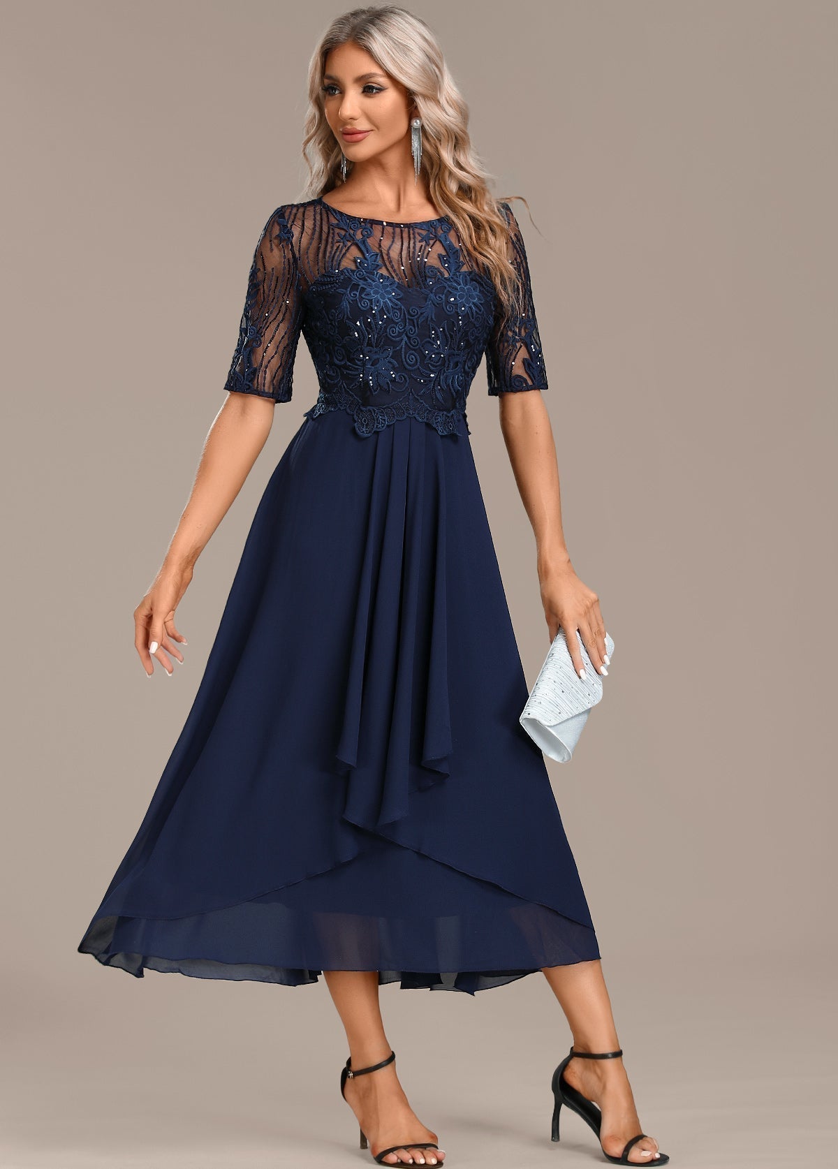 Women's Navy Lace Trim Midi Dress view 6