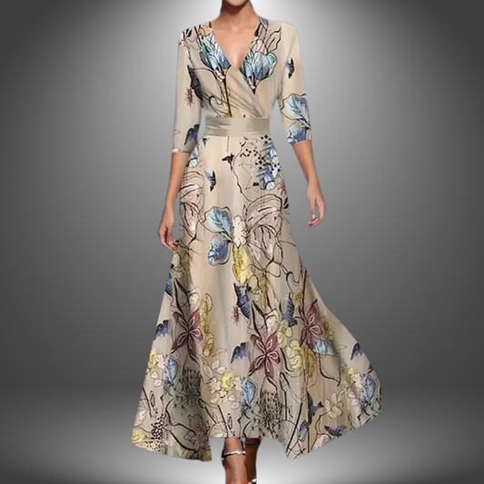 Women's Floral Wrap Front V Neck Maxi Dress in Floral Champagne