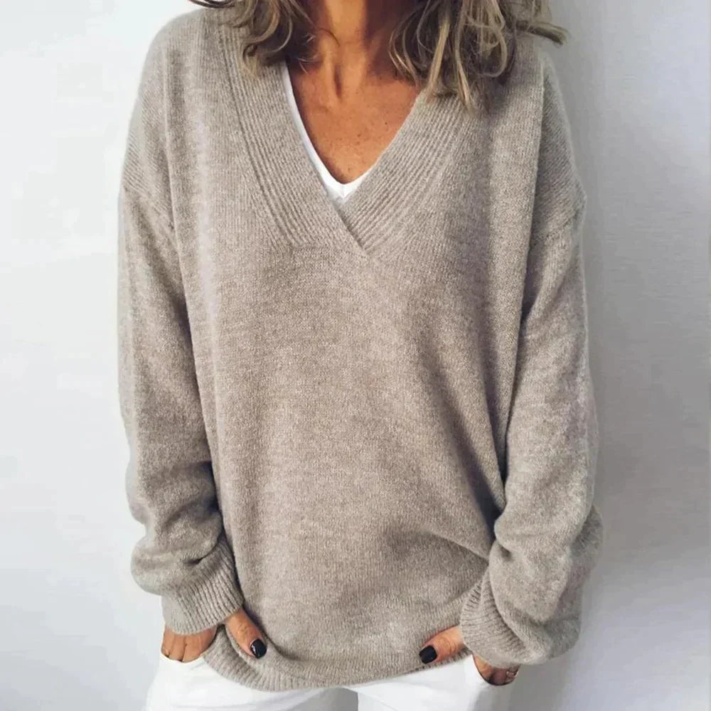 Women's Beige Knitted Oversized V Neck Jumper