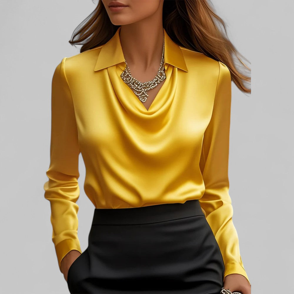 Women's White Cowl Neck Long Sleeve Blouse in Yellow