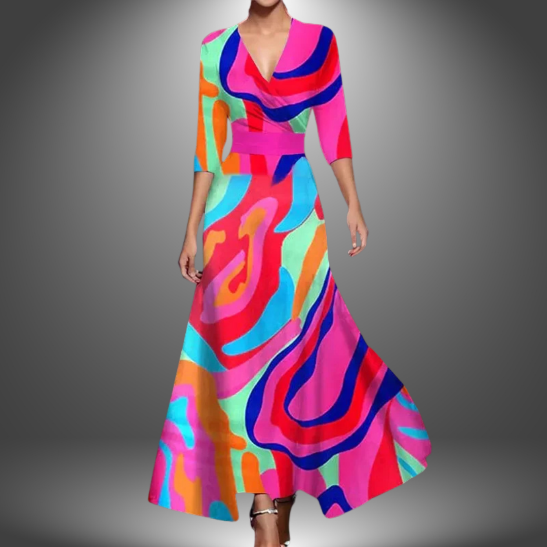 Women's Floral Wrap Front V Neck Maxi Dress in Multicolor