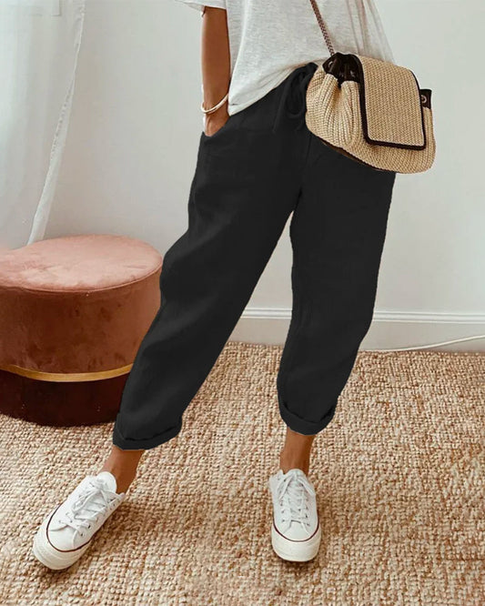 Women's Drawstring Cuffed Tapered Trousers in Black