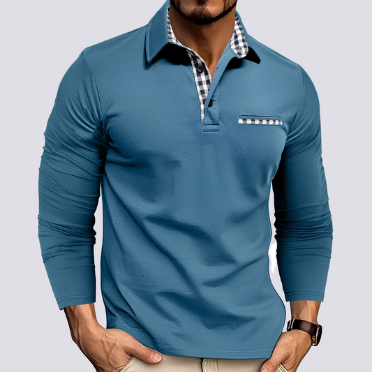 Men's Beige Long Sleeve Casual Polo Shirt in Blue