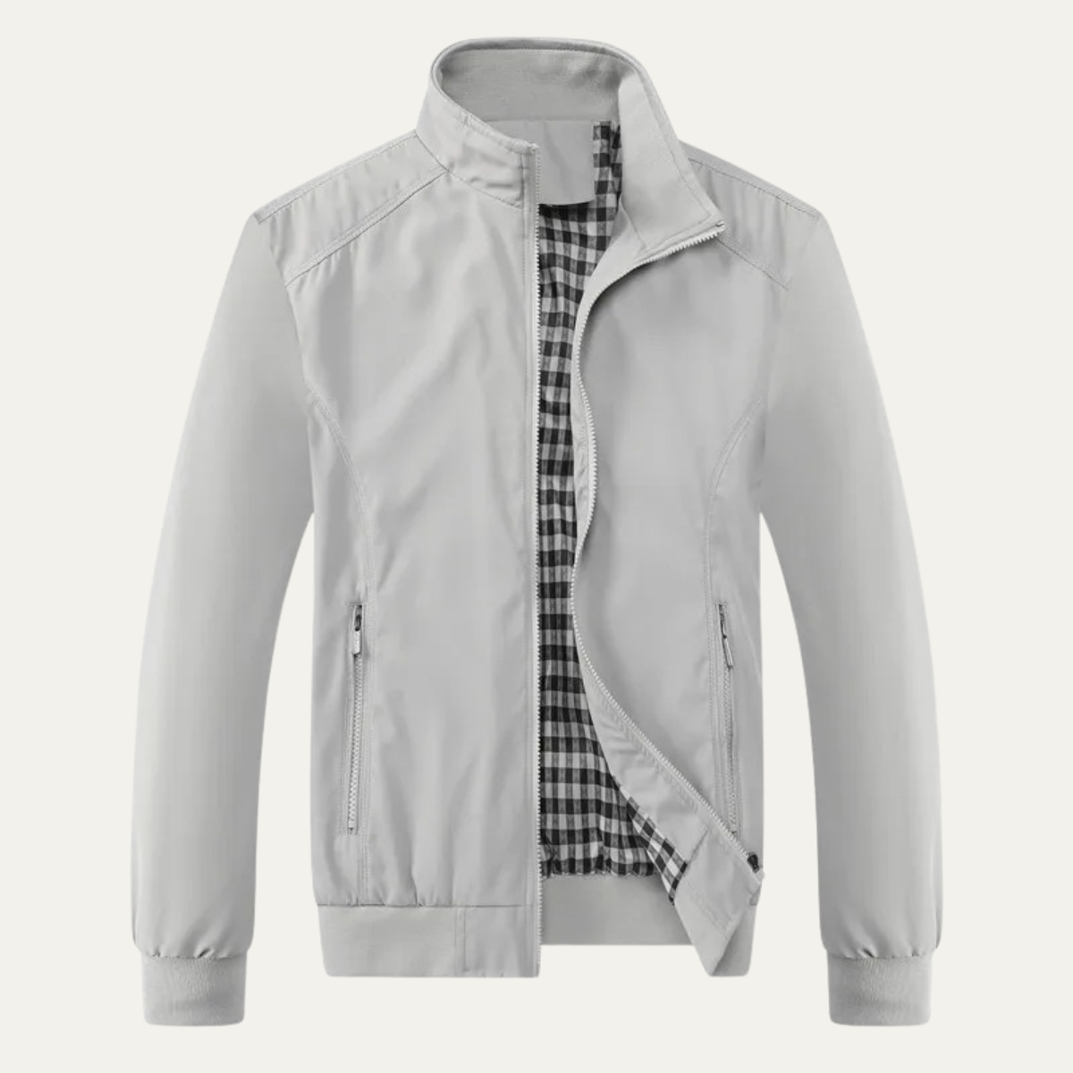 Men's Ribbed Stand Collar Casual Bomber Jacket in Grey