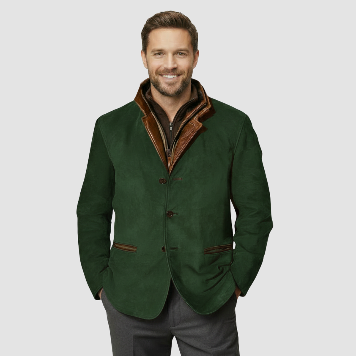 Men's Navy Blue Faux Fur Coat in Green
