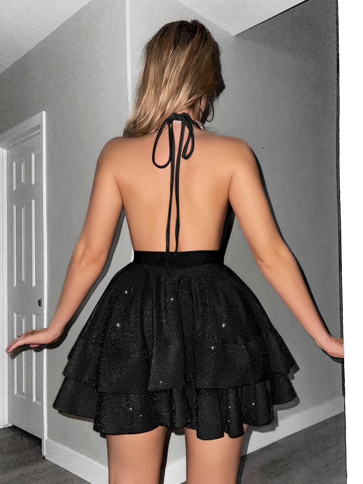 Women's Tiered Halter Neck Sequin Mini Dress
