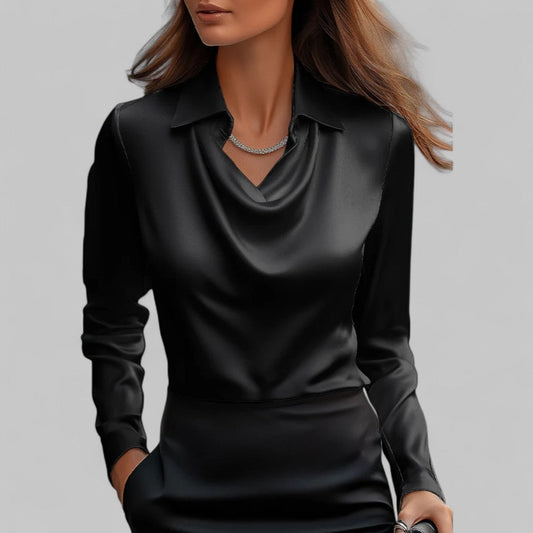 Women's White Cowl Neck Long Sleeve Blouse in Black