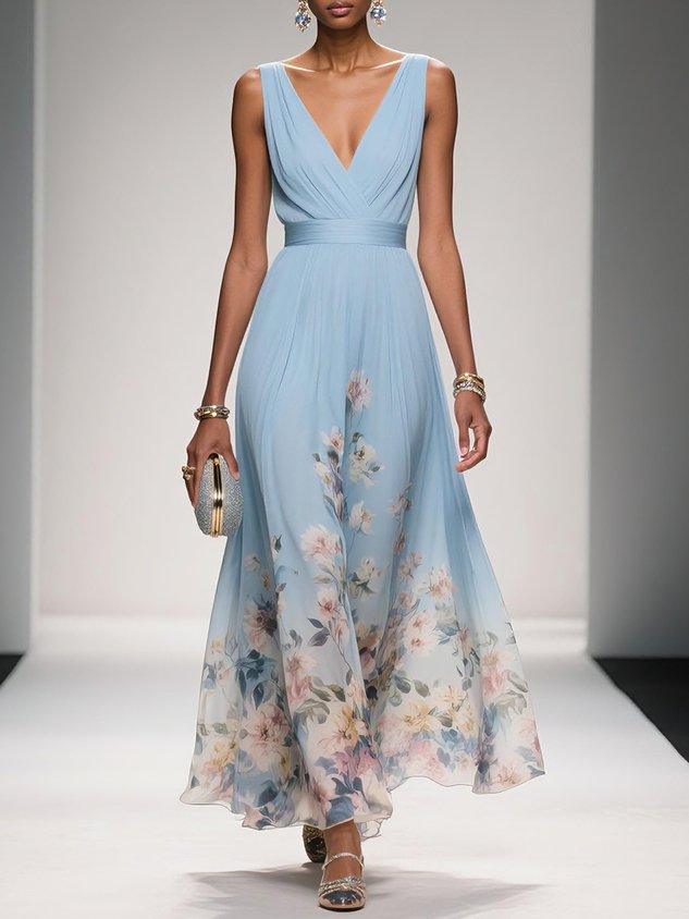 Women's Floral Pleated Maxi Dress
