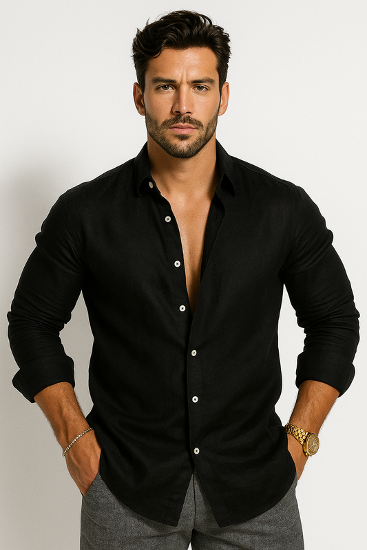 Men's Relaxed Fit Collared Long Sleeve Button Front Shirt in Black