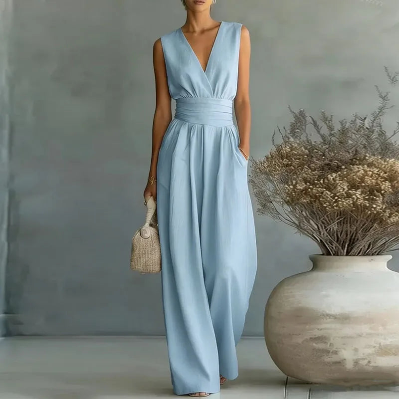 Women's V Neck Wide Leg Jumpsuit in Sleeveless Sky Blue