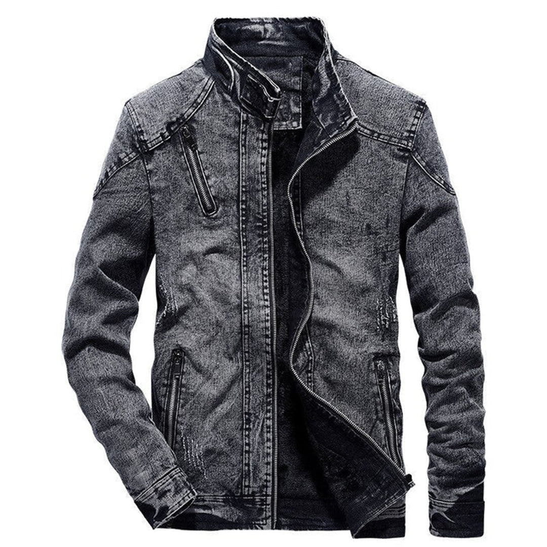 Men's Stand Collar Zip Up Denim Jacket in Black