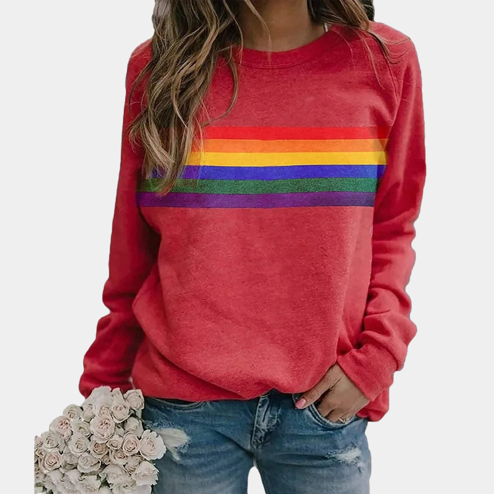 Women's Crew Neck Striped Sweatshirt in Red