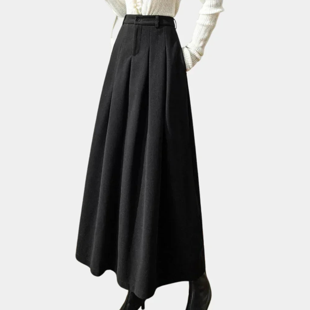 Women's High Waisted Pleated Button Front Skirt in Black