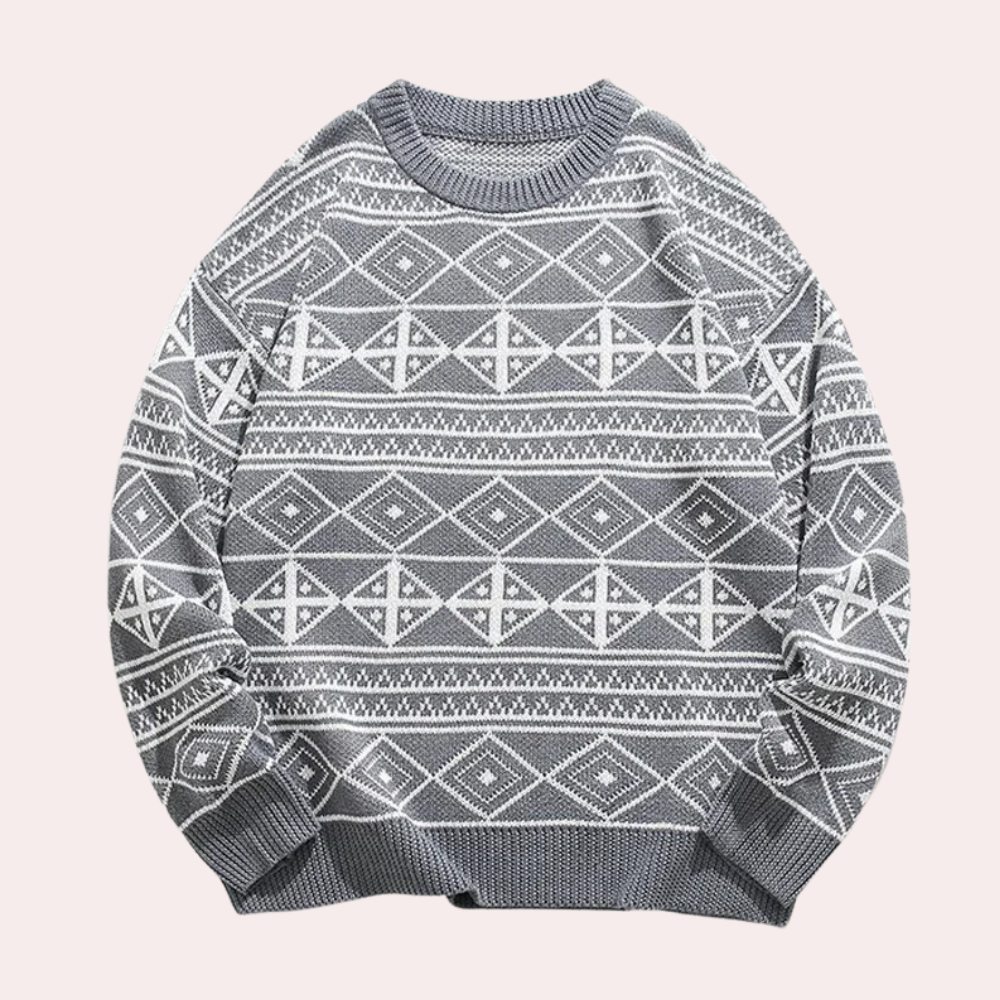 Men's Monochrome Geometric Crew Neck Jumper in Grey