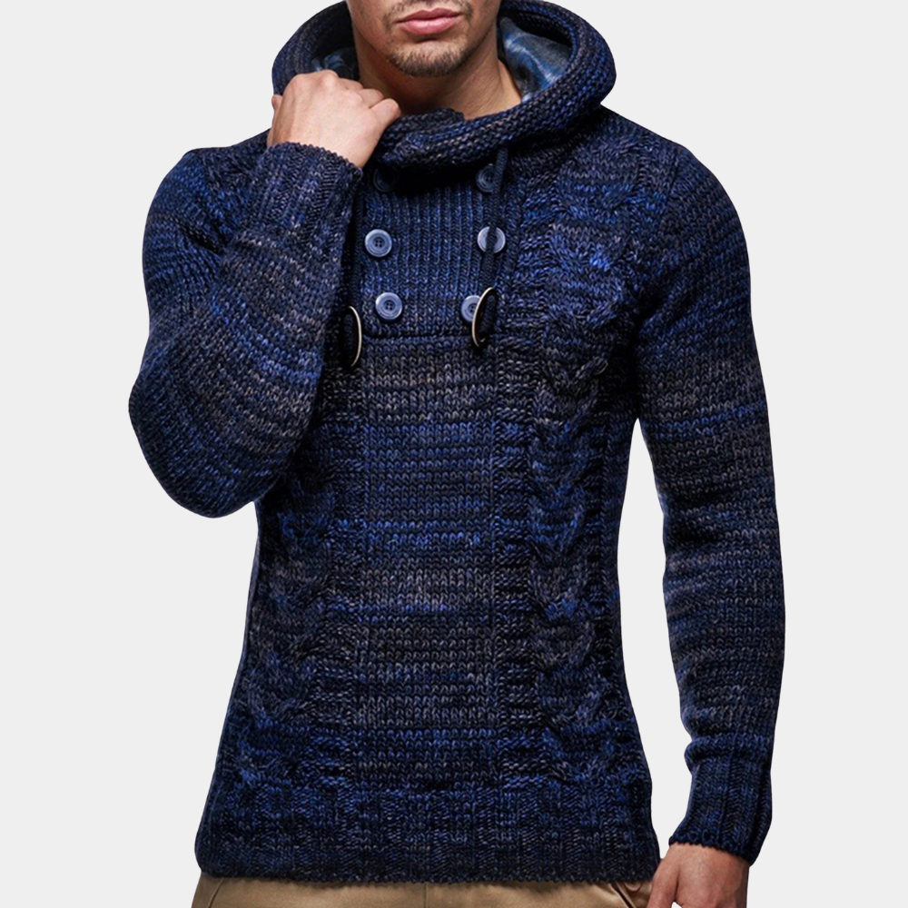 Men's Shawl Collar Button Neck Chunky Knit Jumper in Blue