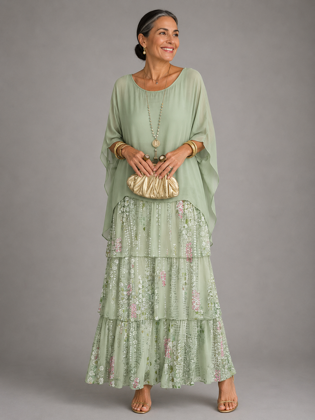 Women's Tiered Flutter Sleeve Chiffon Maxi Dress view 12