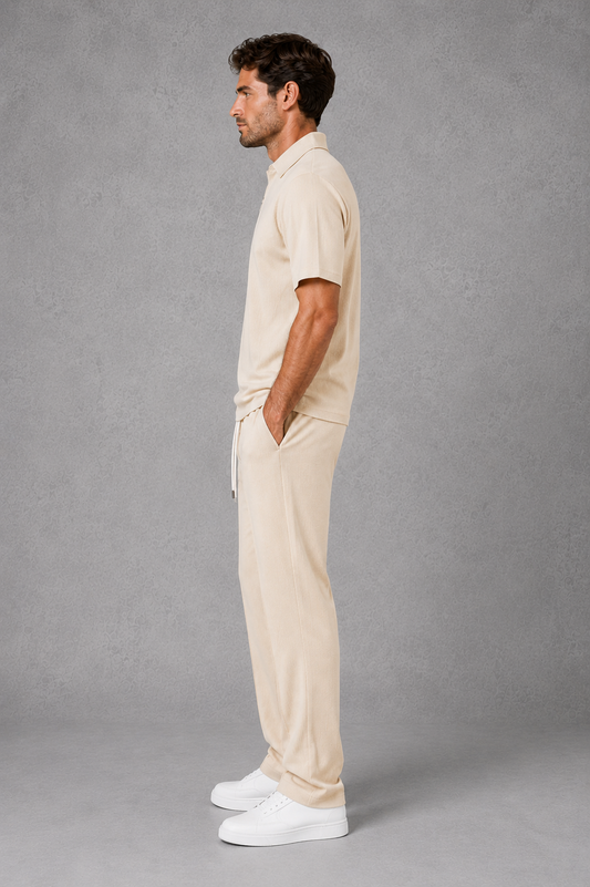 Men's Knitted Drawstring Zip Up Polo Collar Two Piece Set