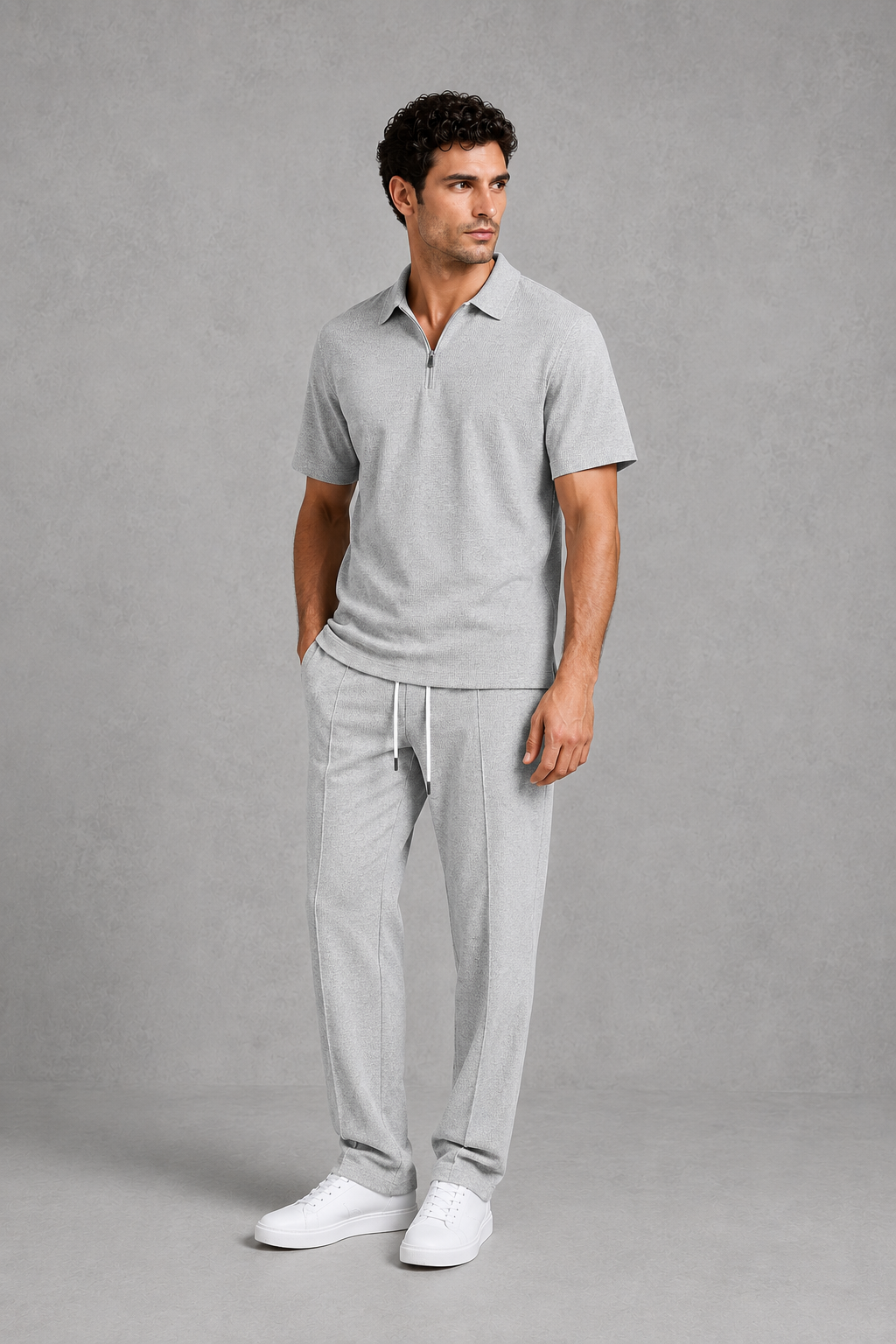 Men's Knitted Drawstring Zip Up Polo Collar Two Piece Set in Grey