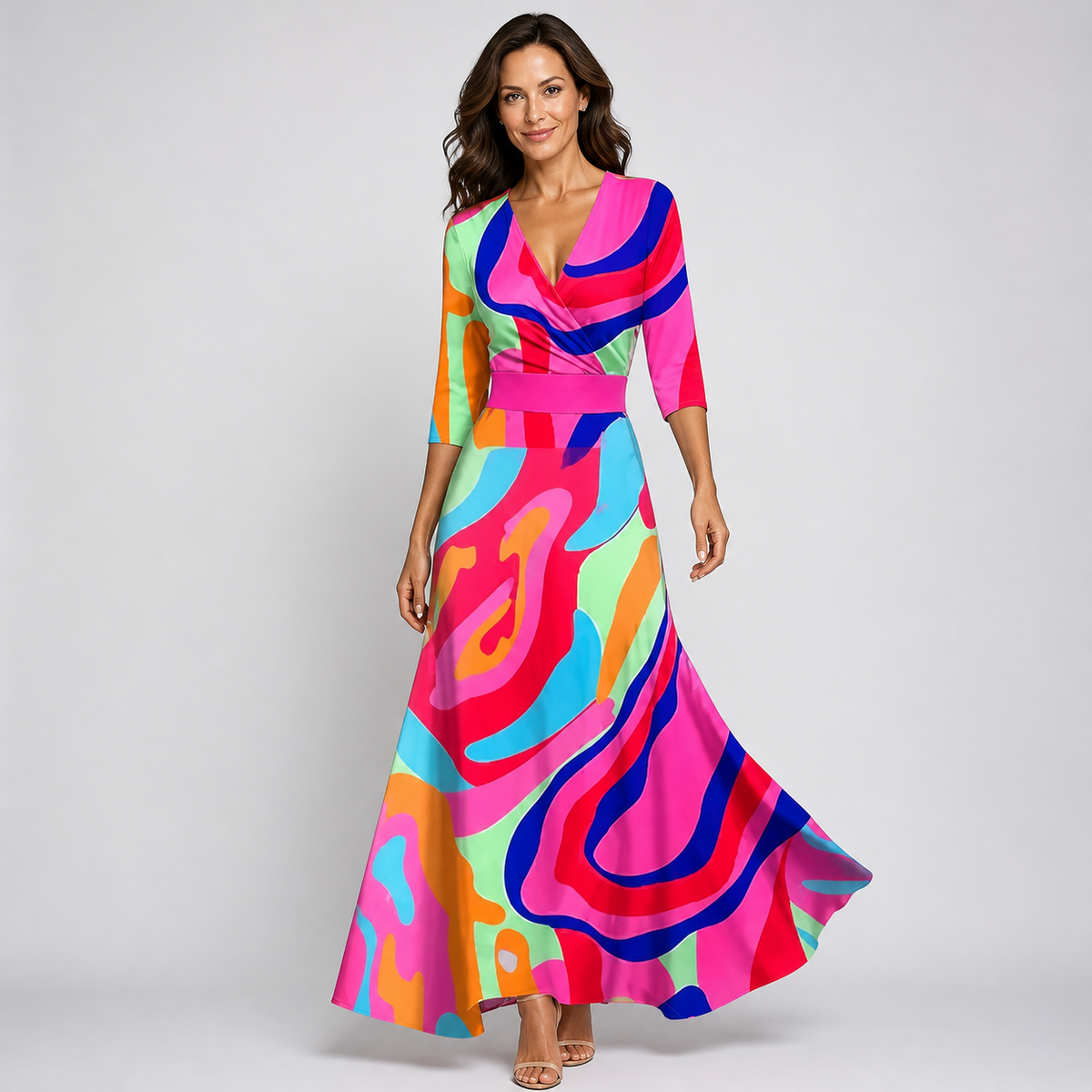 Women's Floral Wrap Three Quarter Sleeve Maxi Dress in Multicolour