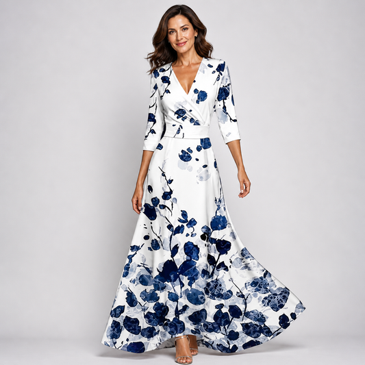 Women's Floral Wrap Three Quarter Sleeve Maxi Dress in White