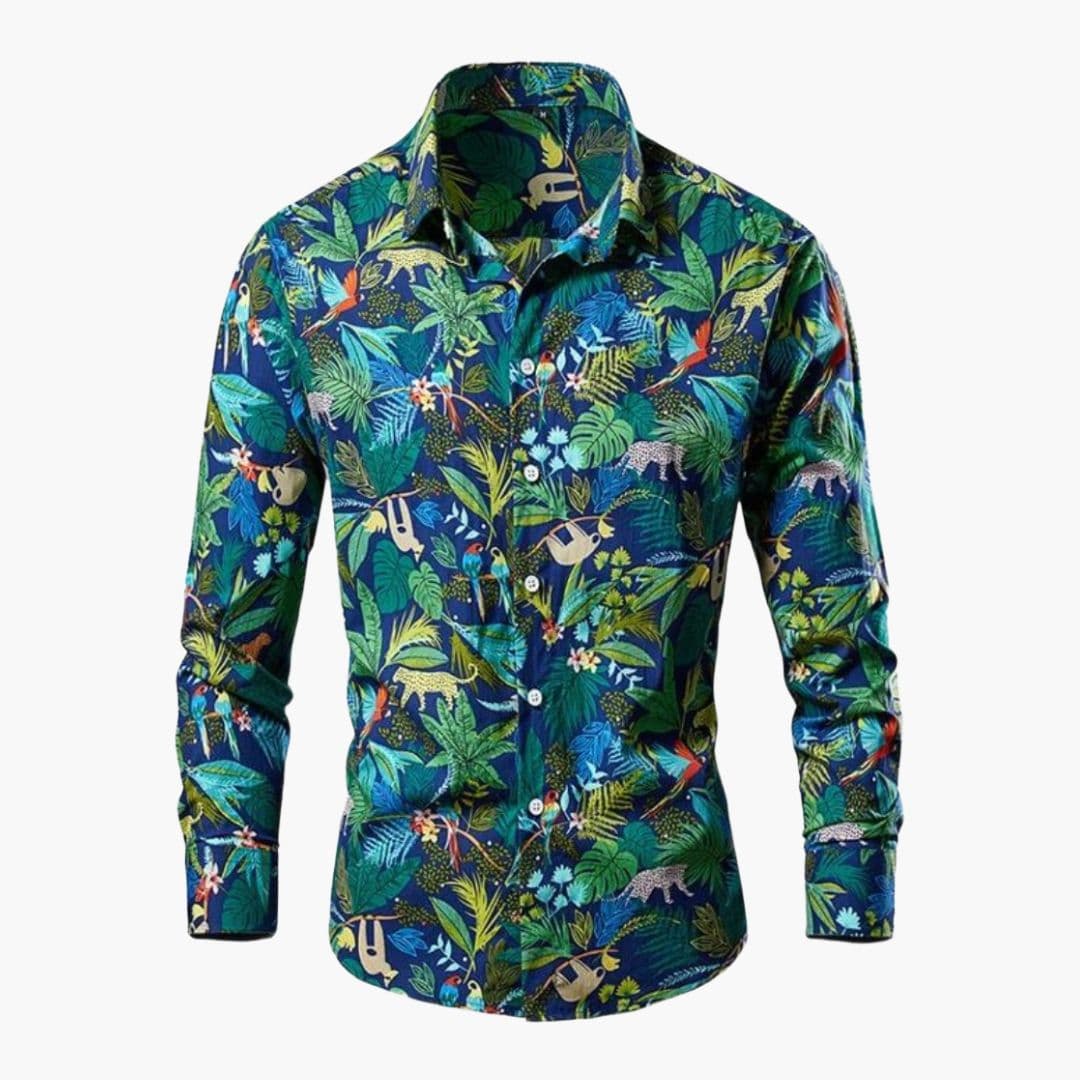 Men's White Button Front Shirt in Blue / Green