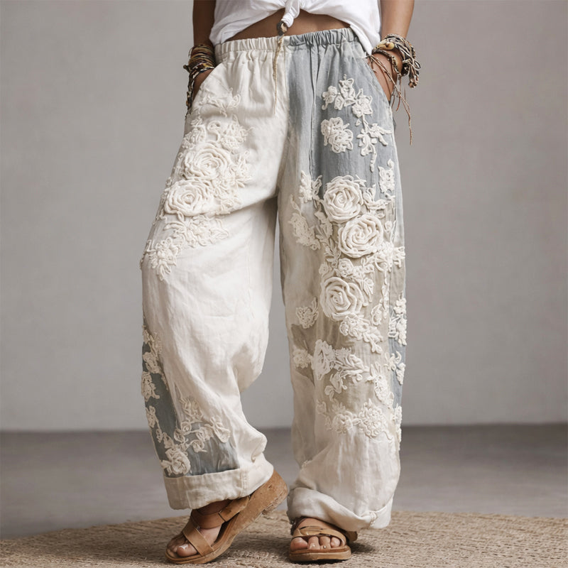 Women's Floral Wide Leg Embroidered Trousers in Grey