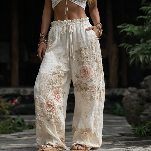Women's Floral Wide Leg Embroidered Trousers in Beige