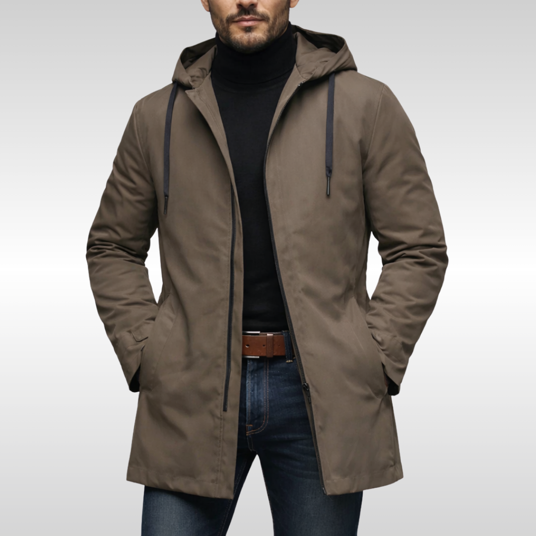 Men's Longline Hooded Waterproof Quilted Overcoat in Brown