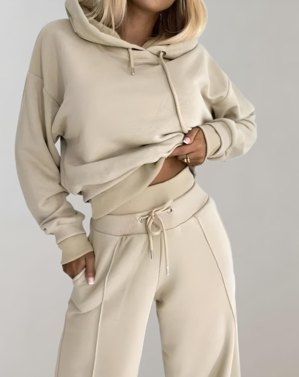 Women's Black Wide Leg Two Piece Set in Beige