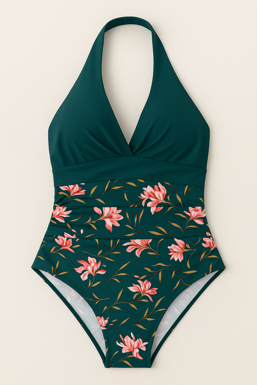 Women's Leopard Print Halter Neck Tummy Control One Piece Swimsuit in Green/Pink
