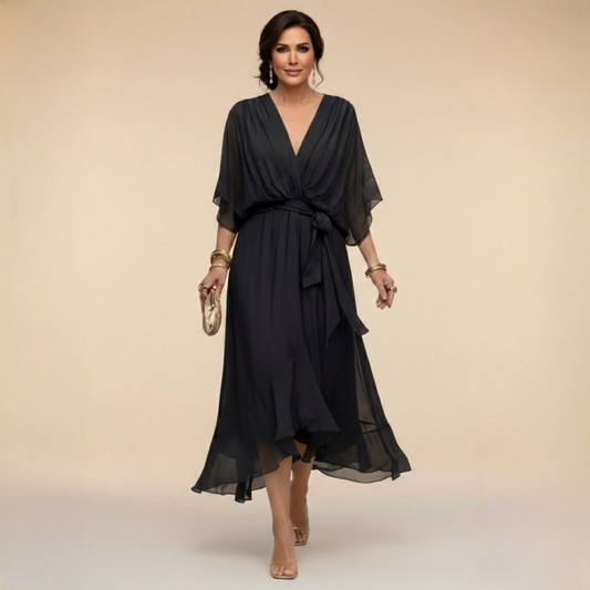 Women's Belted Wedding Guest Dress in Black