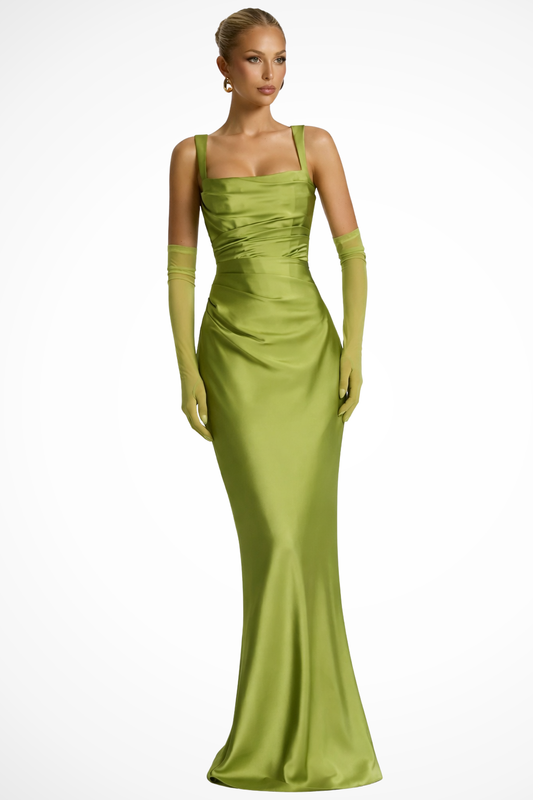 Women's Square Neck Ruched Wedding Guest Dress in Green