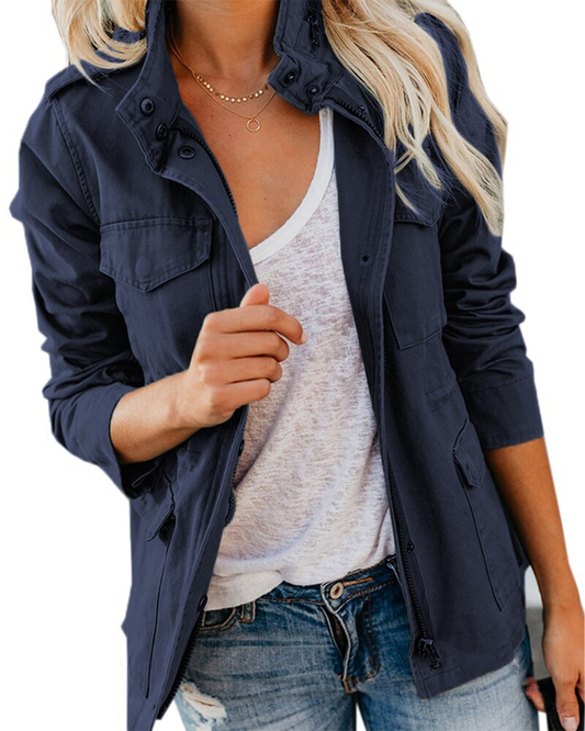 Women's Patch Pocket Drawstring Utility Winter Coat in Navy Blue