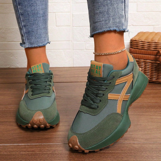 Women's Lace Up Chunky Sole Retro Trainers in Dark Green