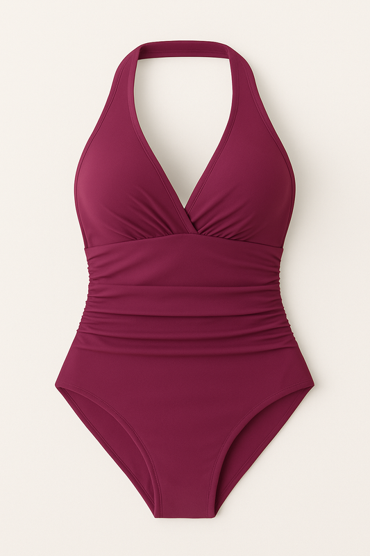 Women's Leopard Print Halter Neck Tummy Control One Piece Swimsuit in Purple