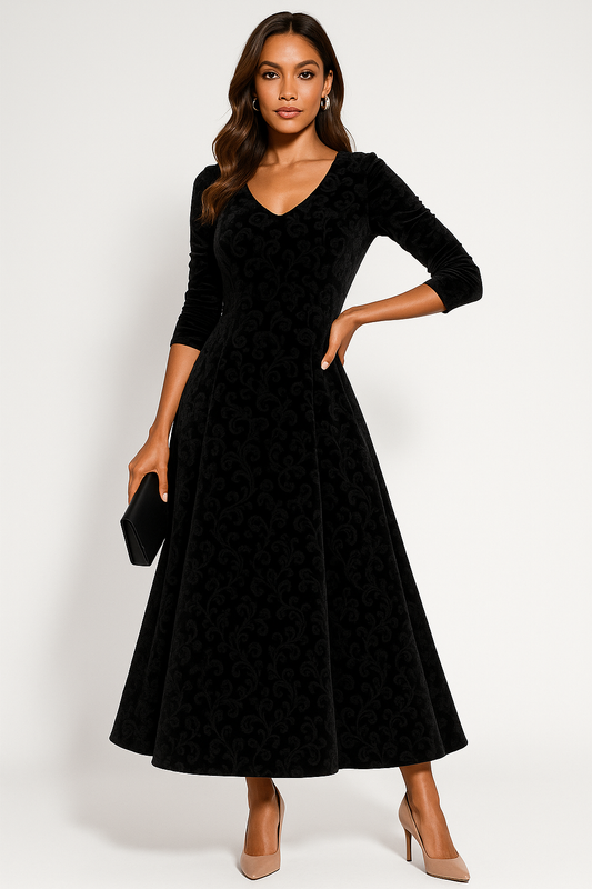 Women's Blue Floral Midi Dress in Black