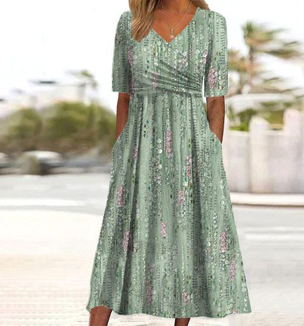 Women's V Neck Floral High Waisted Maxi Dress in Green